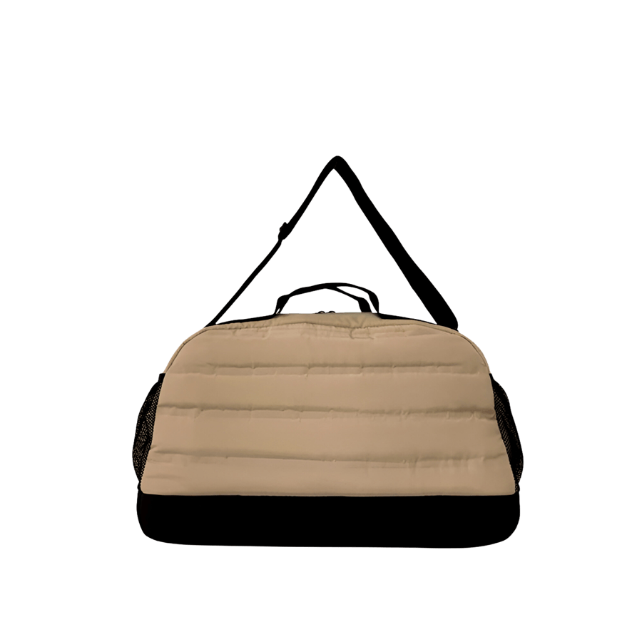 Beige quilting big duffel travelling bag with black trim and side mesh pockets