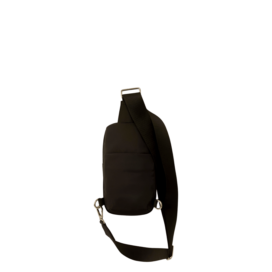 Black sling bag with front zip pocket and top zip closure