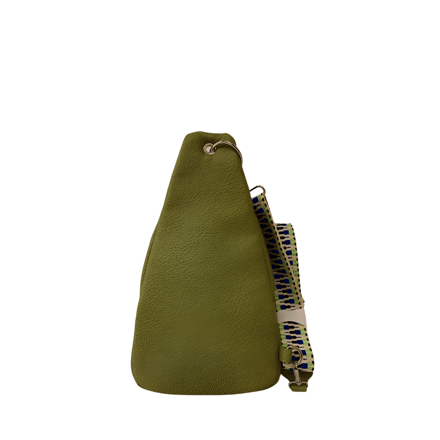 Green sling bag with front zip pocket and jacquard webbing strap