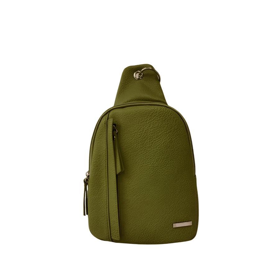 Green sling bag with front zip pocket and jacquard webbing strap