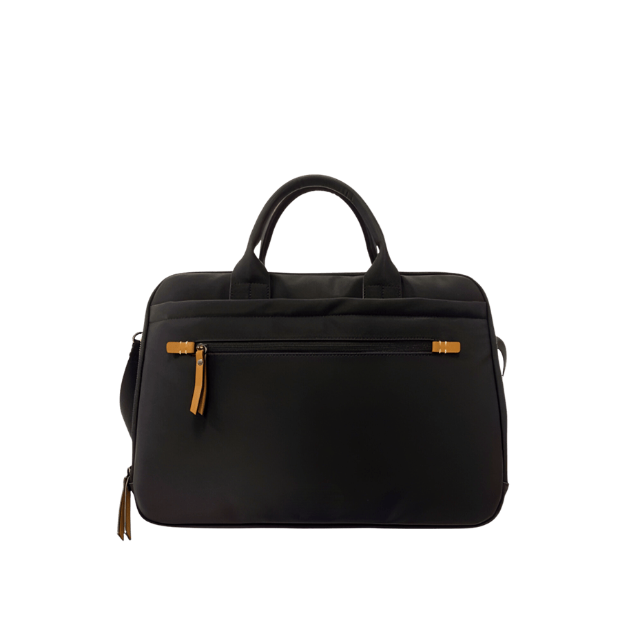 Black briefcase with camel trim PU and front zip pocket