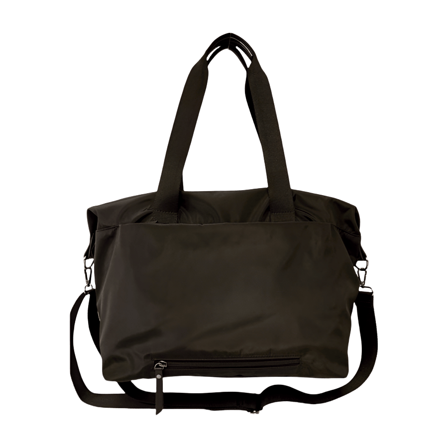 Black travelling handbag with front zip pocket and back strap to attached luggage