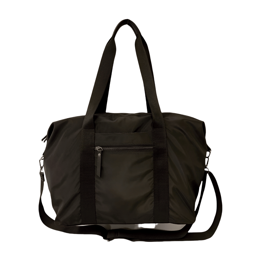 Black travelling handbag with front zip pocket and back strap to attached luggage