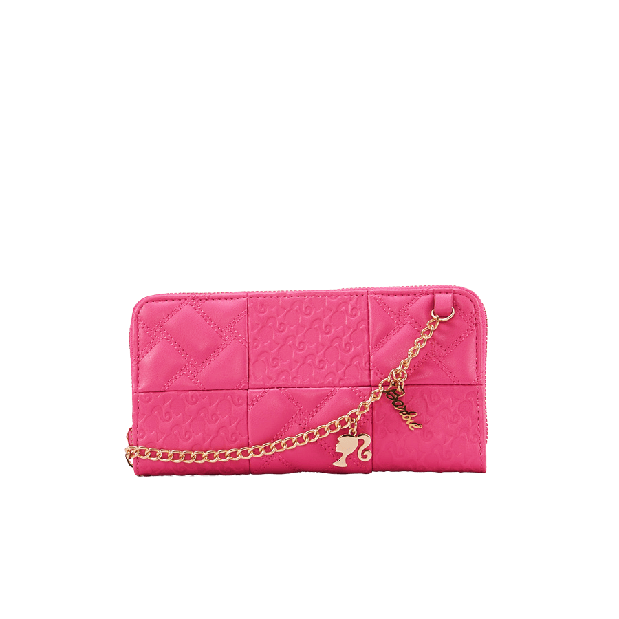 Pink barbie ladies wallet iwth chain wrist handle and top zip closure