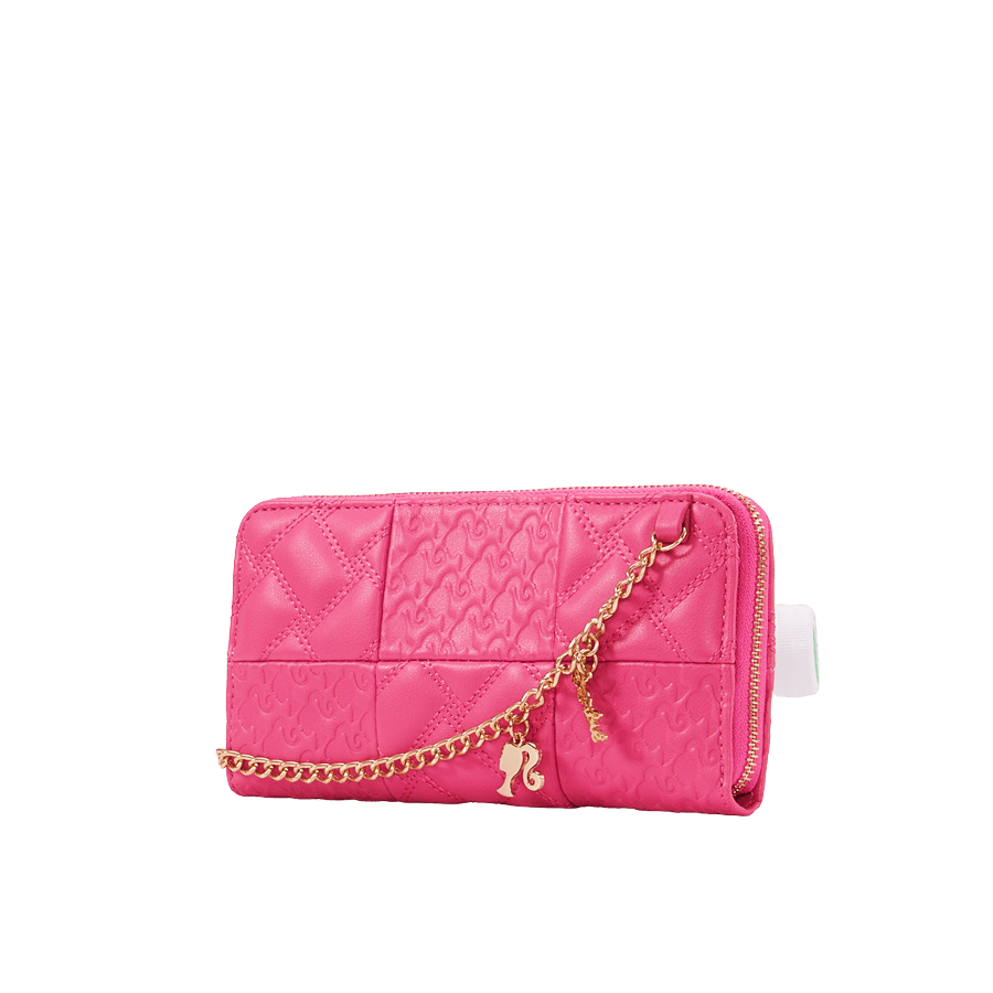 Pink barbie ladies wallet iwth chain wrist handle and top zip closure