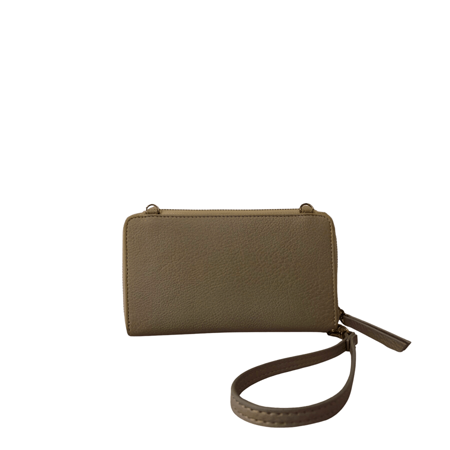 Camel ladies wallet with wrist handle and metal plate on the front