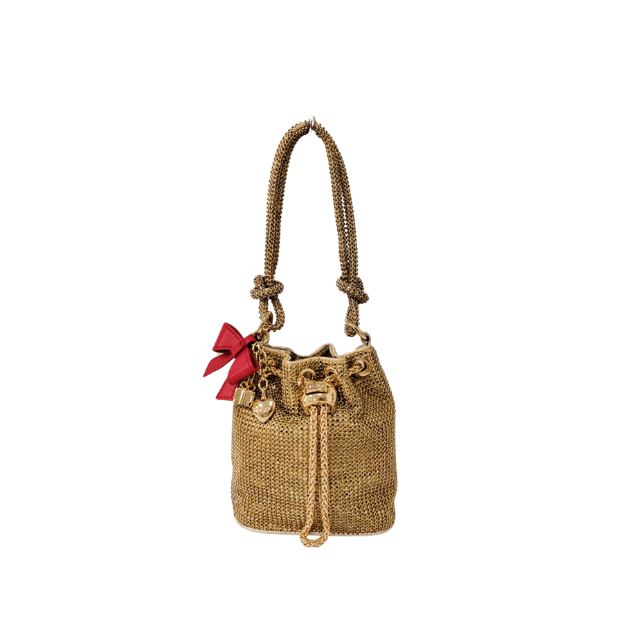 Gold rhineston ladies drawstring bag with detachable bowknot and knoted handle