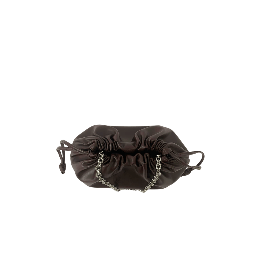 Brown ladies handbag with pleats on the body and chain handle
