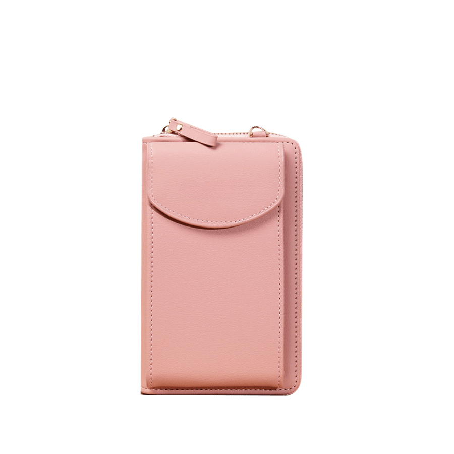Pink cellphone bag with shoulder strap and wallet