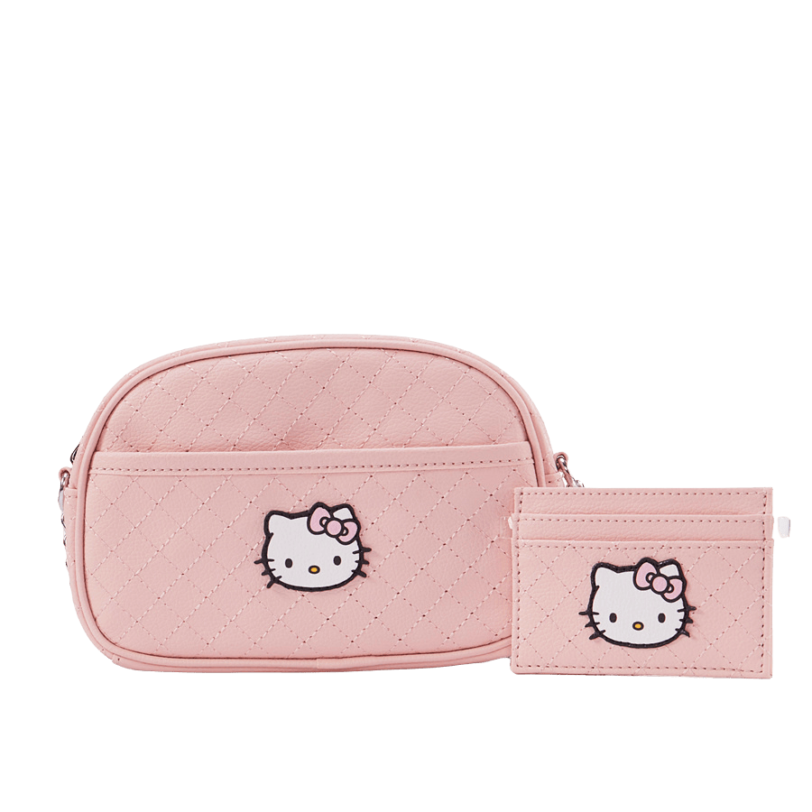 Pink Hello Kitty quilting crossbody bag sets with patch and front open pocket