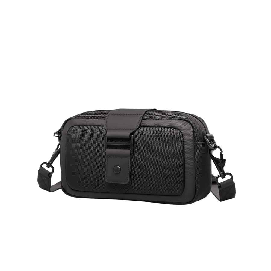 Black gent's crossbody bag with black trim PU and decorative metal slider