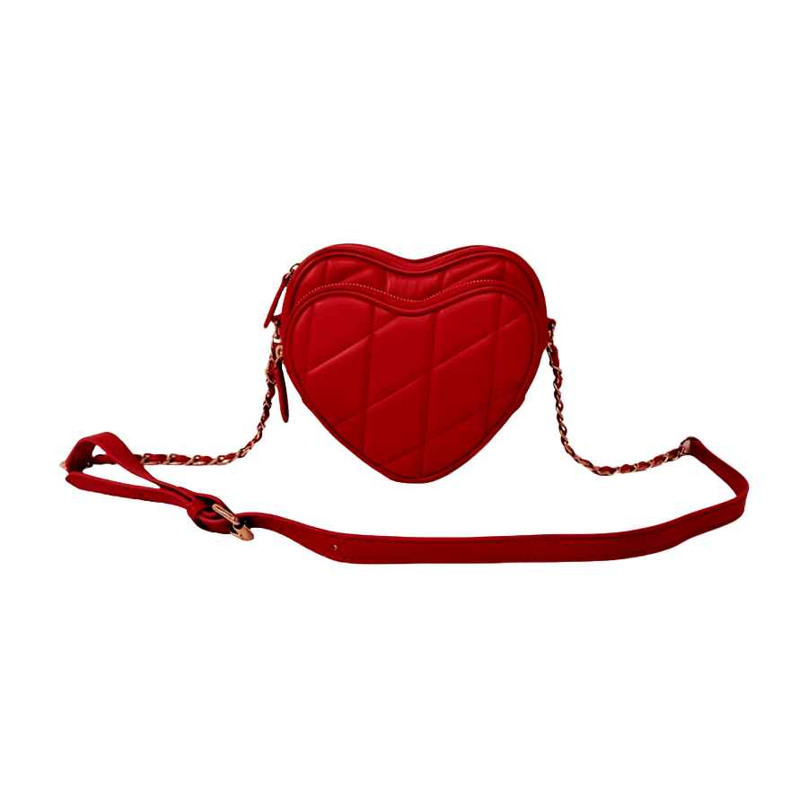 Red heart-shaped ladies handbag with front zip pocket and piping around the body