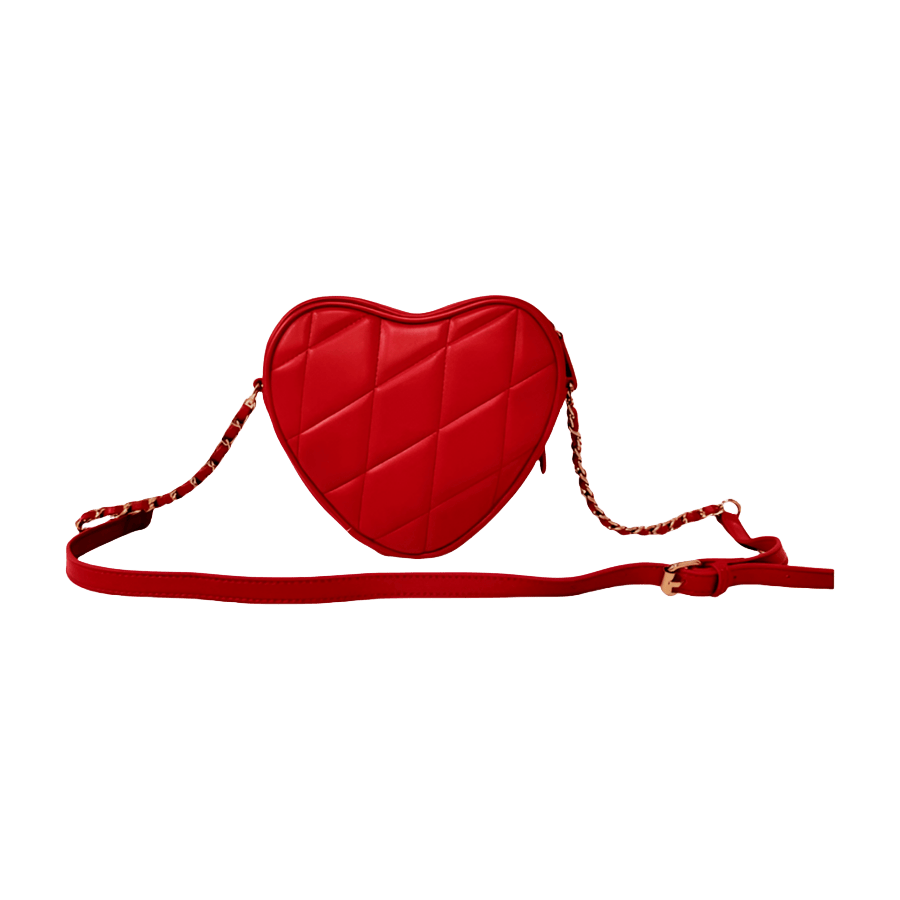 Red heart-shaped ladies handbag with front zip pocket and piping around the body