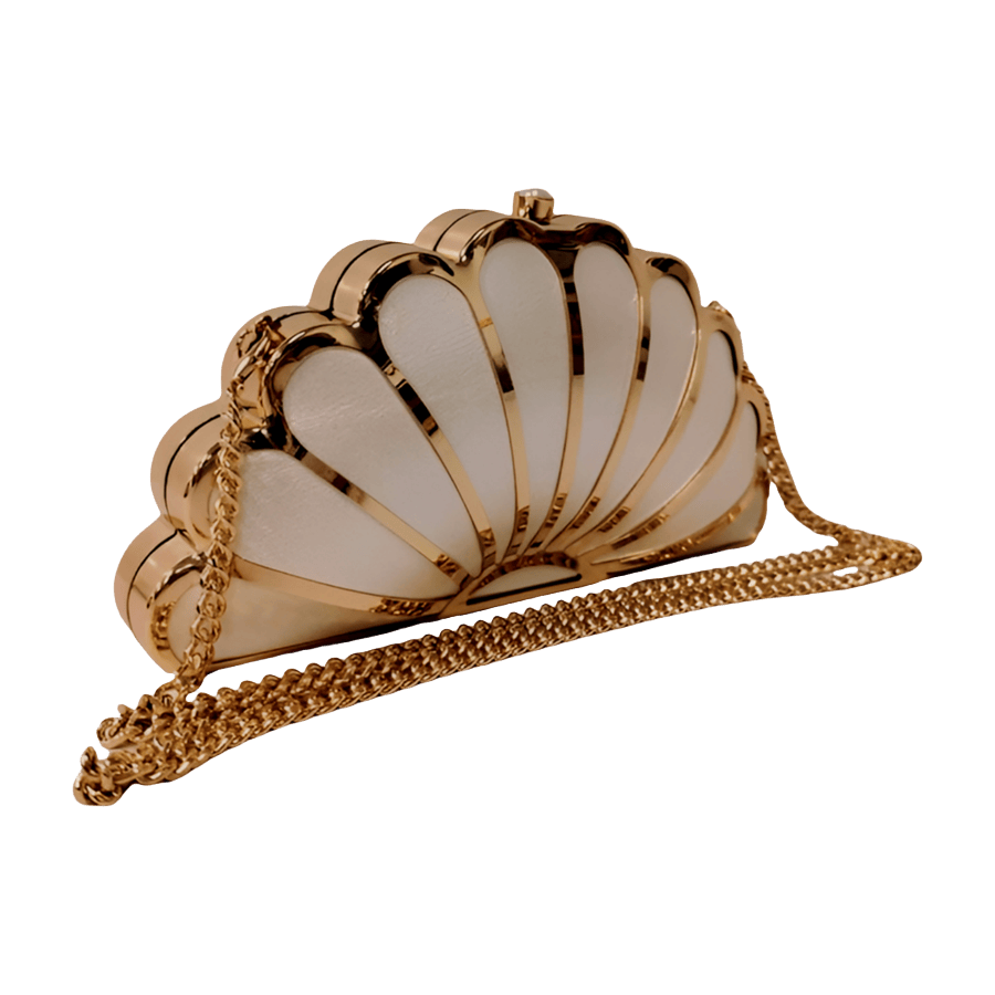 White ladies clutch bag with frame closure and shell shaped
