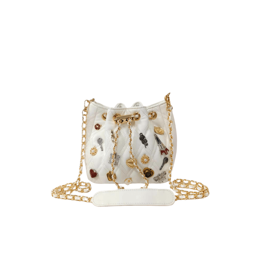 White quilting ladies drawstring bag with decorative accessories and metal stopper