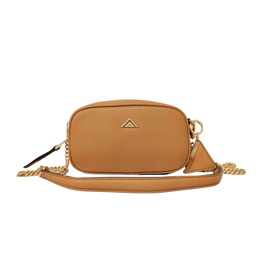 Camel ladies crossbod bag with decorative metal plate and detachable hangtag