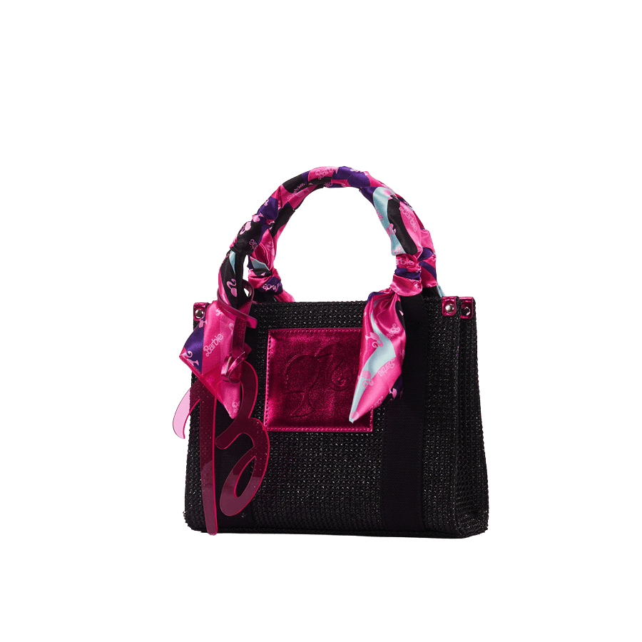 Black straw Barbie handbag with decorative scarf and acrylic hangtag