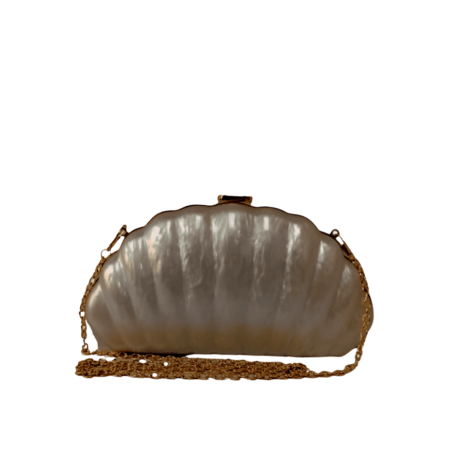White acrylic ladies clutches with shell shaped and metal frame closure