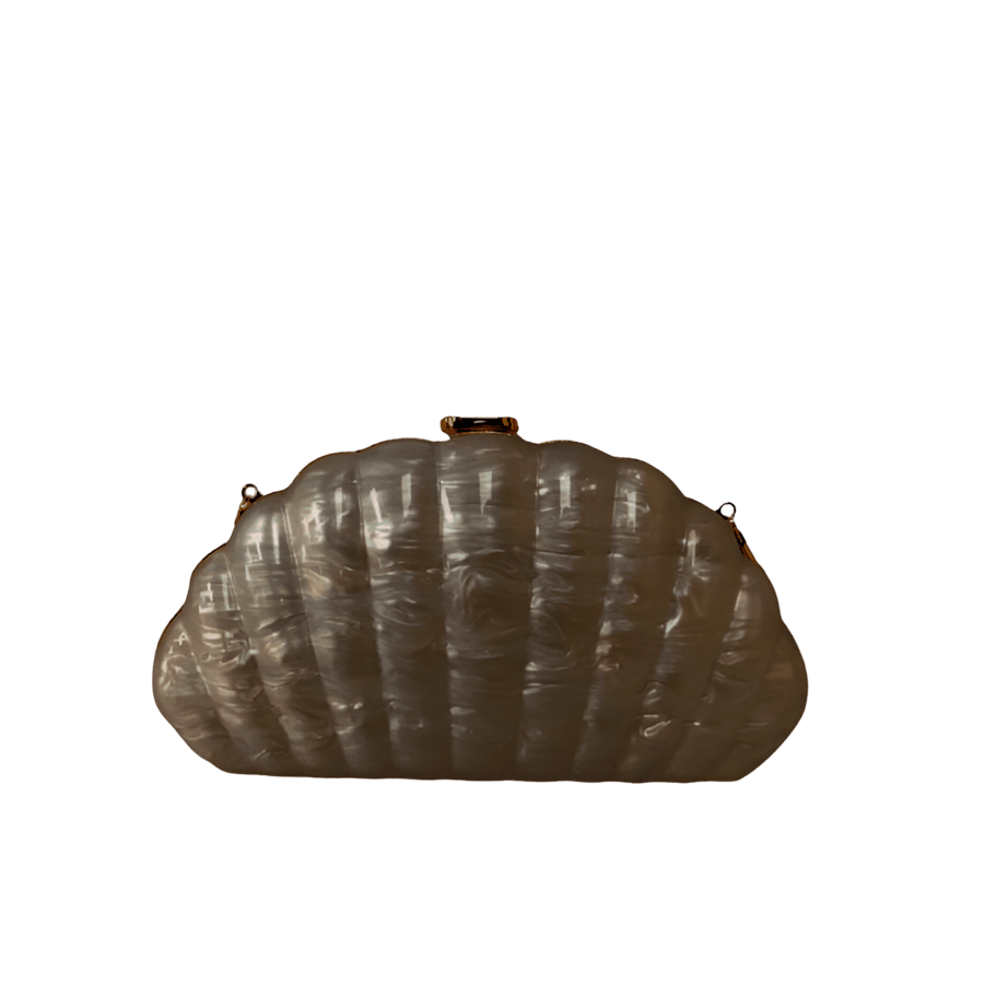 White acrylic ladies clutches with shell shaped and metal frame closure