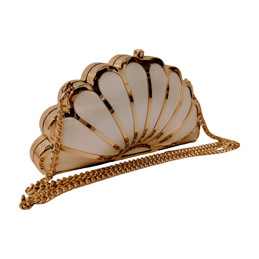 White ladies clutch bag with frame closure and shell shaped