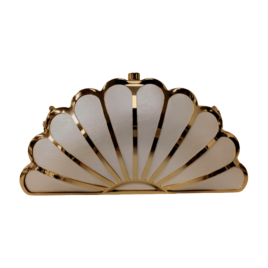 White ladies clutch bag with frame closure and shell shaped