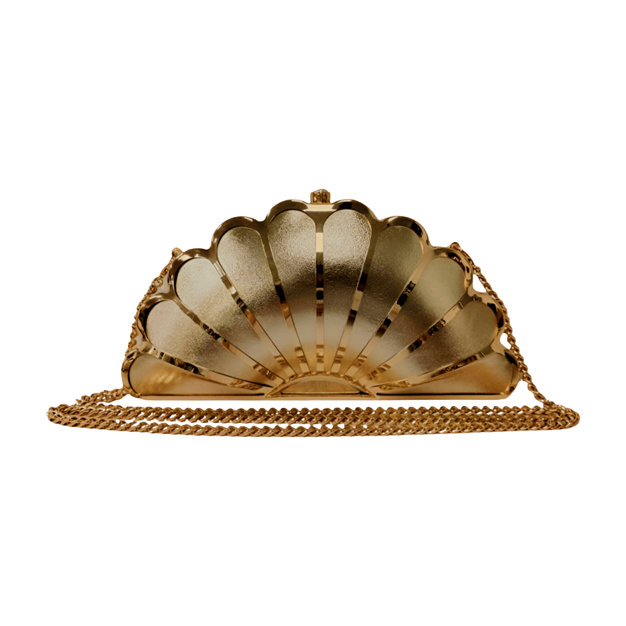 White ladies clutch bag with frame closure and shell shaped