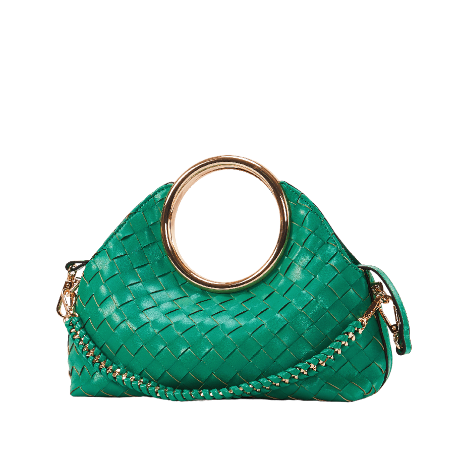 Green weave PU ladies clutch with metal handle and detachable PU+chain handle