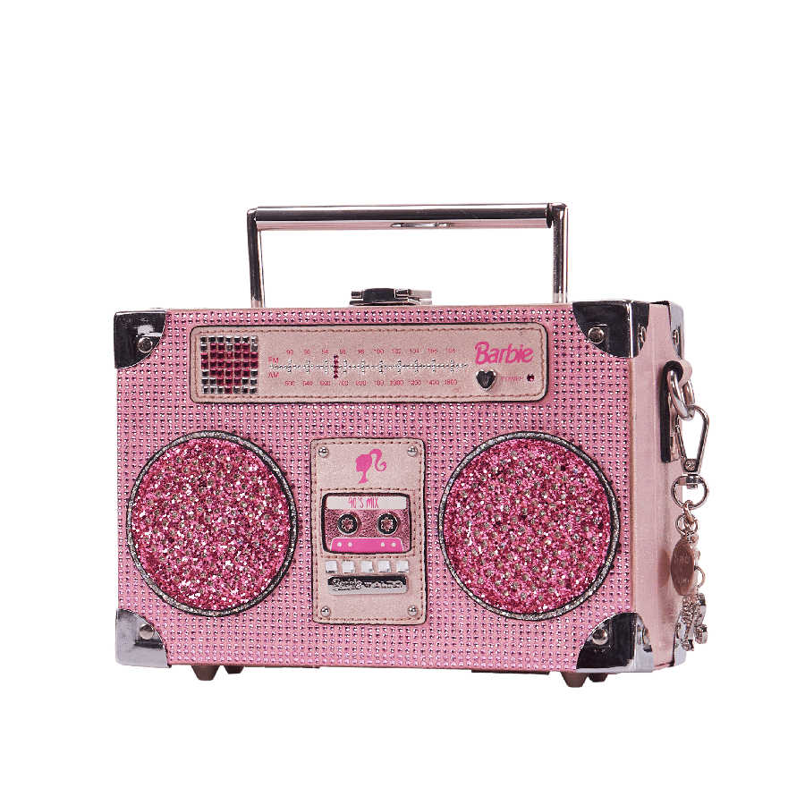 Pink Barbie handbag with "recording machine" shape  and metal handle