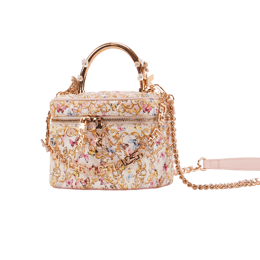 Print ladies handbag with metal handle and detachable chain handle