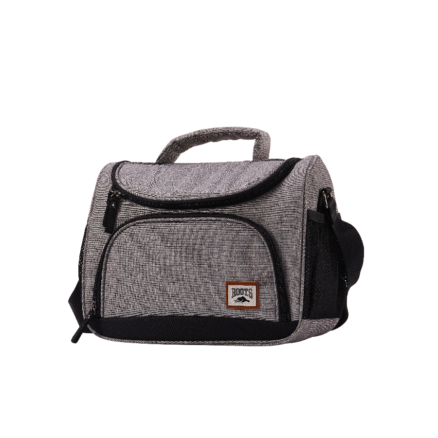 Grey cooler with front zipper pocket and side mesh pocket