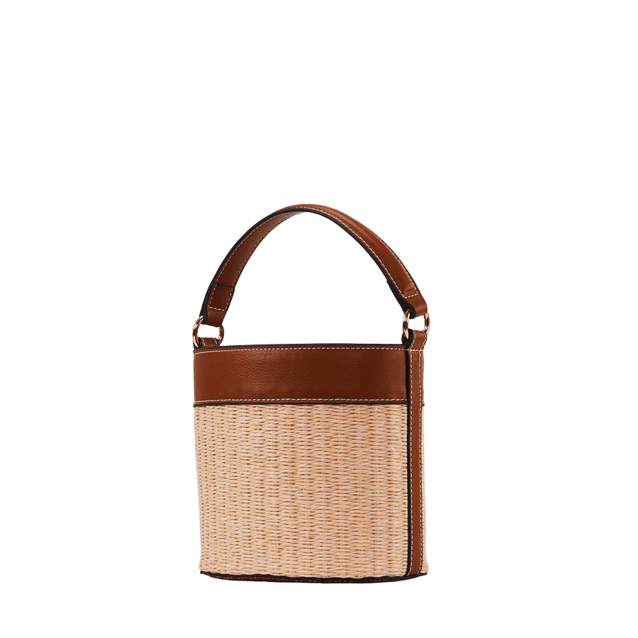 Beige straw ladies bucket bag with brown trim PU and contrast edge painting