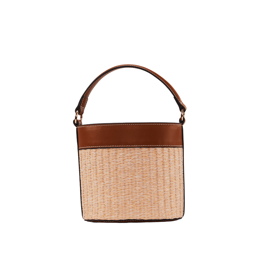 Beige straw ladies bucket bag with brown trim PU and contrast edge painting