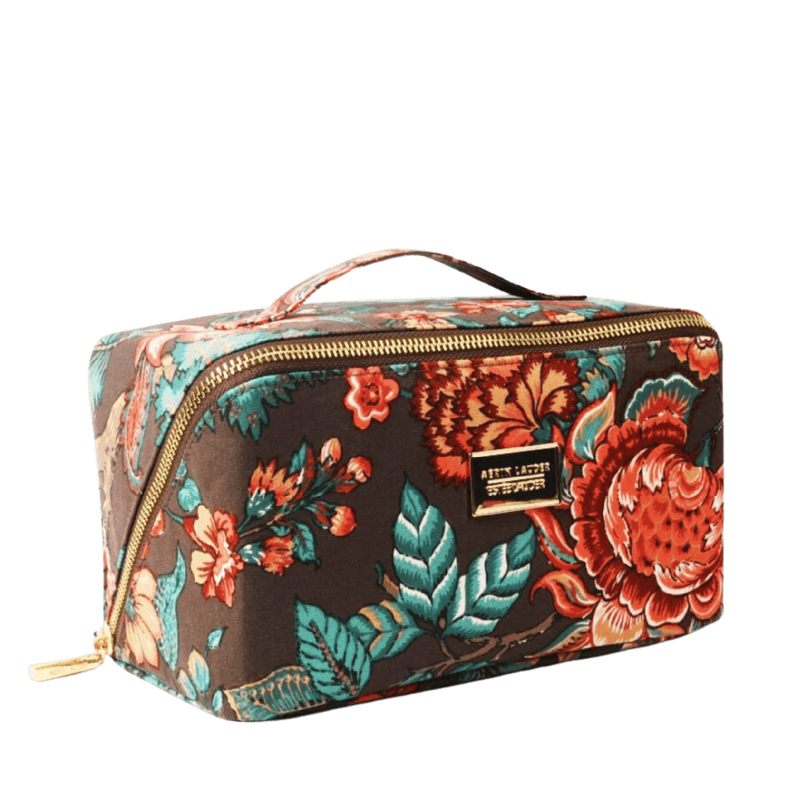 Black printing ladies cosmetic bag with metal plate and top metal zip closure