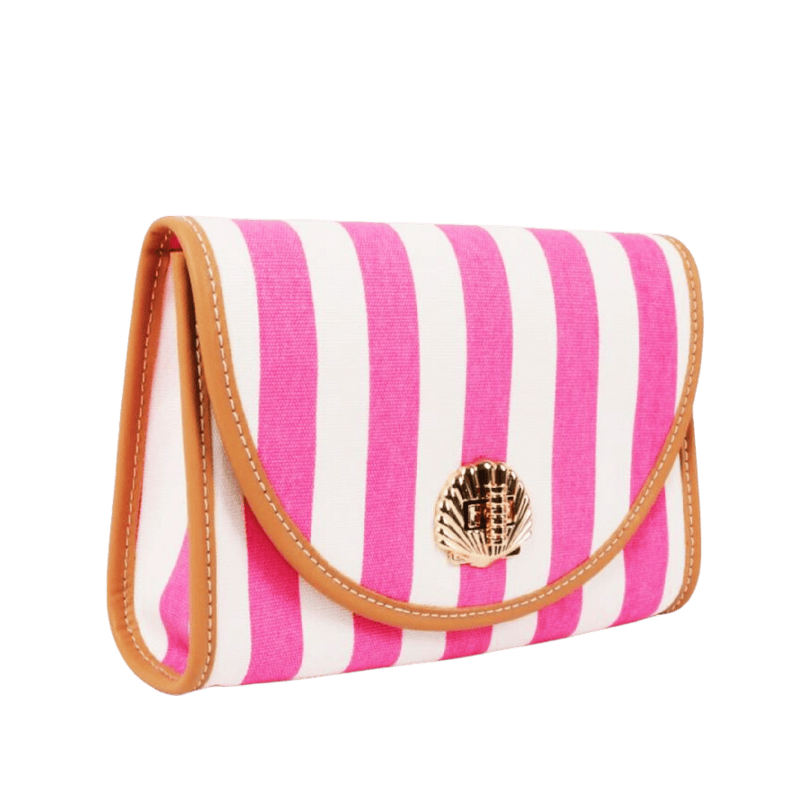 Stripe canvas ladies cosmetic bag with camel trim PU and decorative hardware