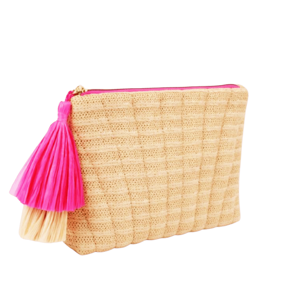 Beige straw laides cosmetic bag with pink tassel zip puller and top zip closure
