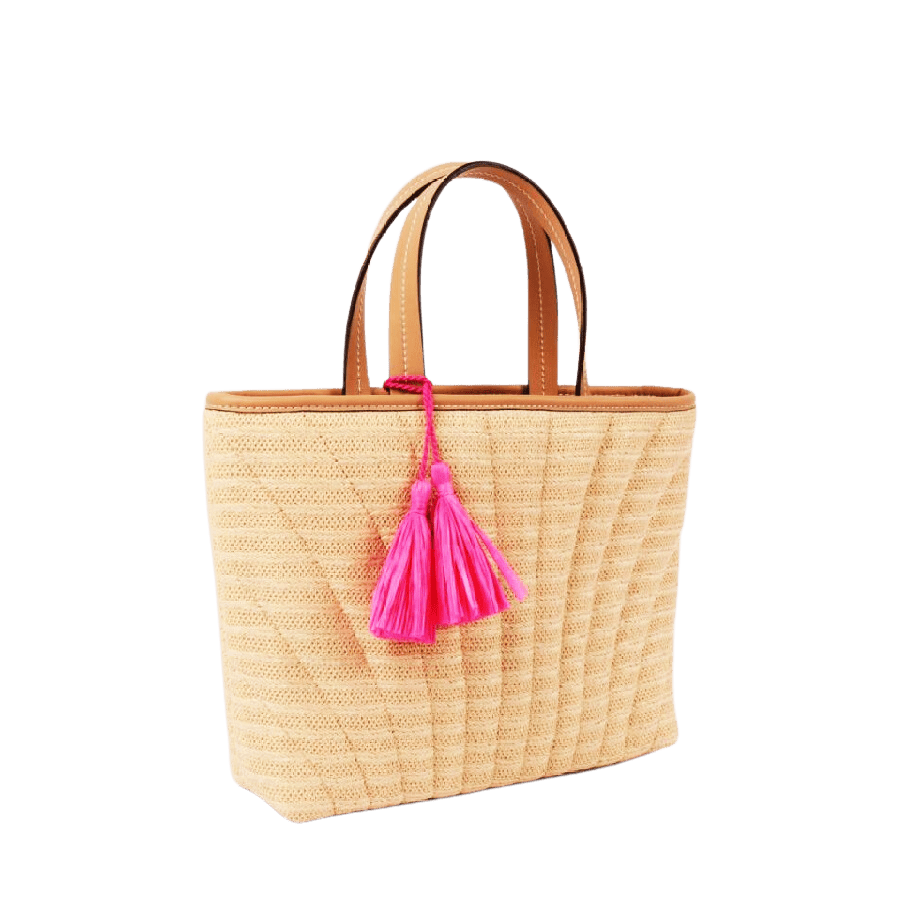 Beige straw ladies handbag with brown trim PU and detachable pink tassel hangtag