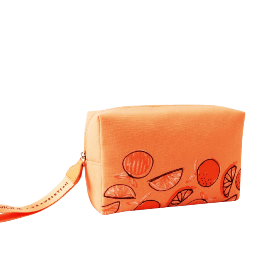Orange ladies cosmetic bag with printing and wrist handle