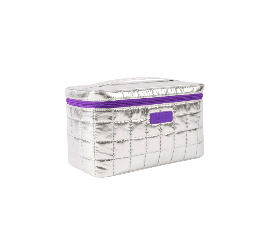 Silver quilting cosmetic bag with purple trim PU and top zip closure