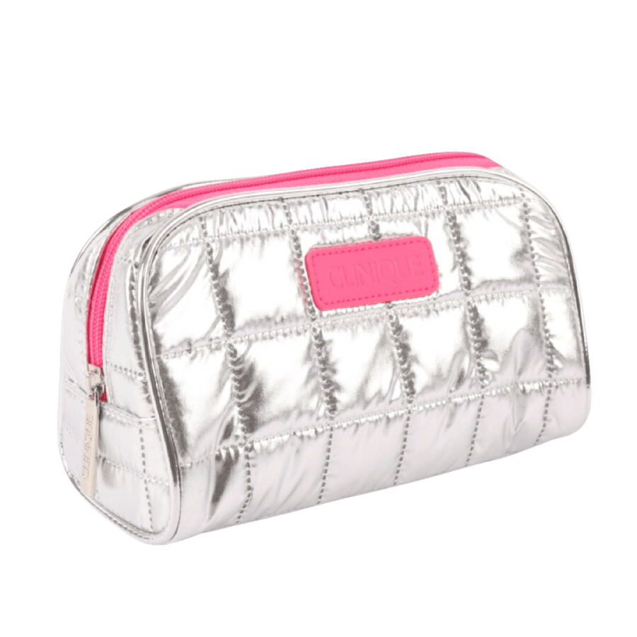 Silver quilting ladies cosmetic bag with pink trim PU and pink top zip closure