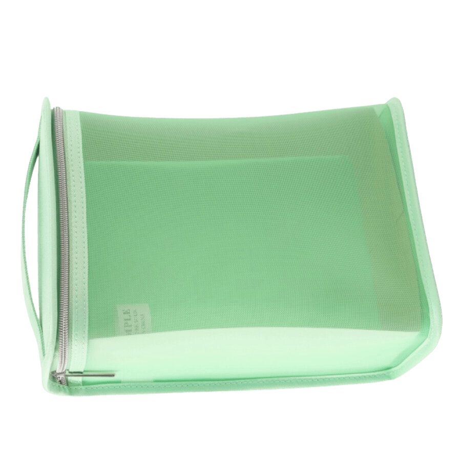 Green transparent ladies cosmetic bag with green trim PU and wrist handle