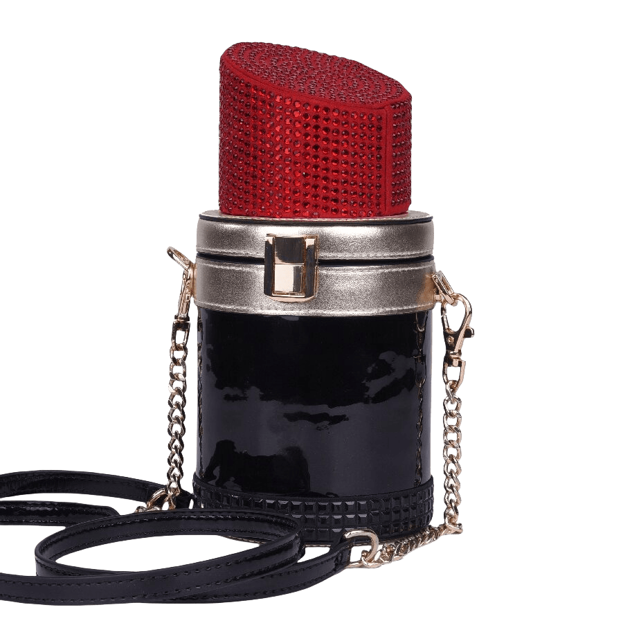 Black ladies lipstick crossbody bag with decorative rhinestones and lock closure