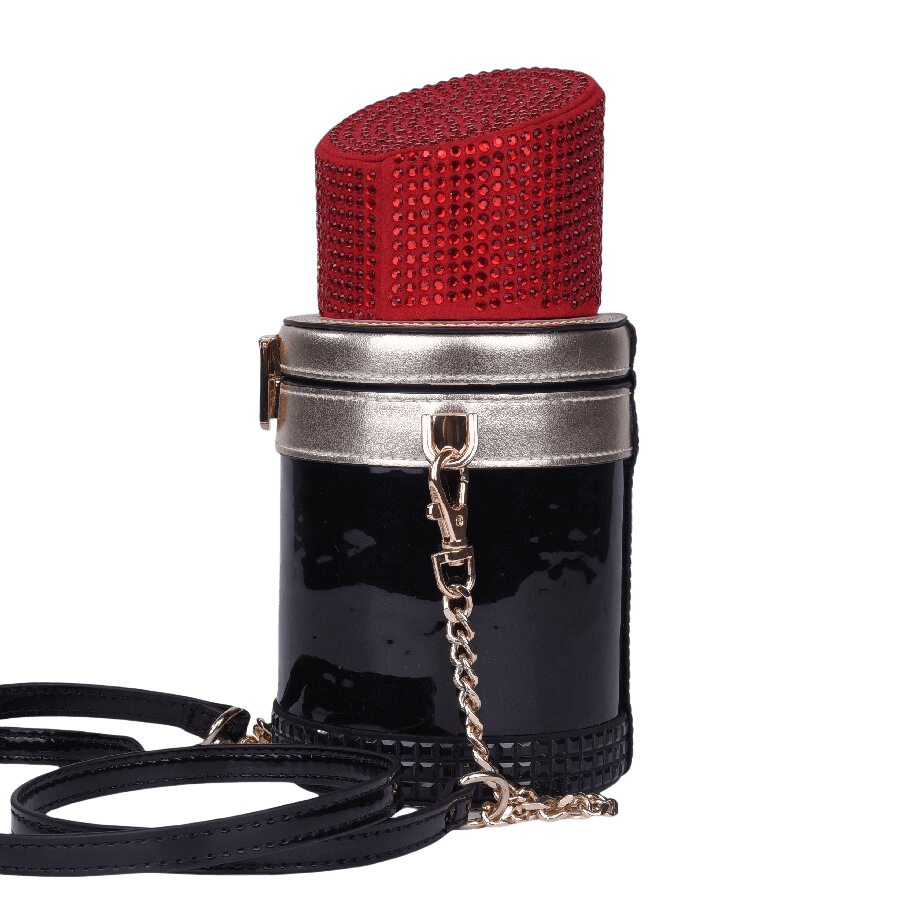 Black ladies lipstick crossbody bag with decorative rhinestones and lock closure