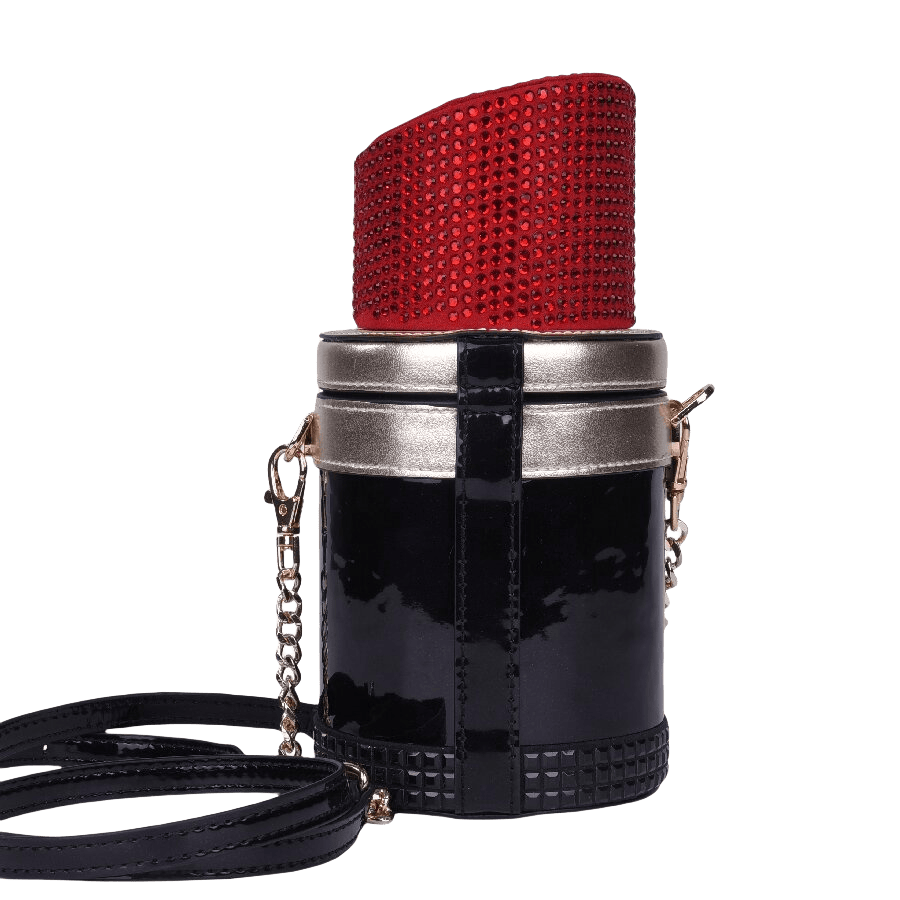 Black ladies lipstick crossbody bag with decorative rhinestones and lock closure