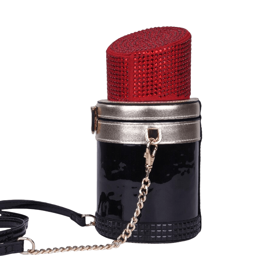 Black ladies lipstick crossbody bag with decorative rhinestones and lock closure