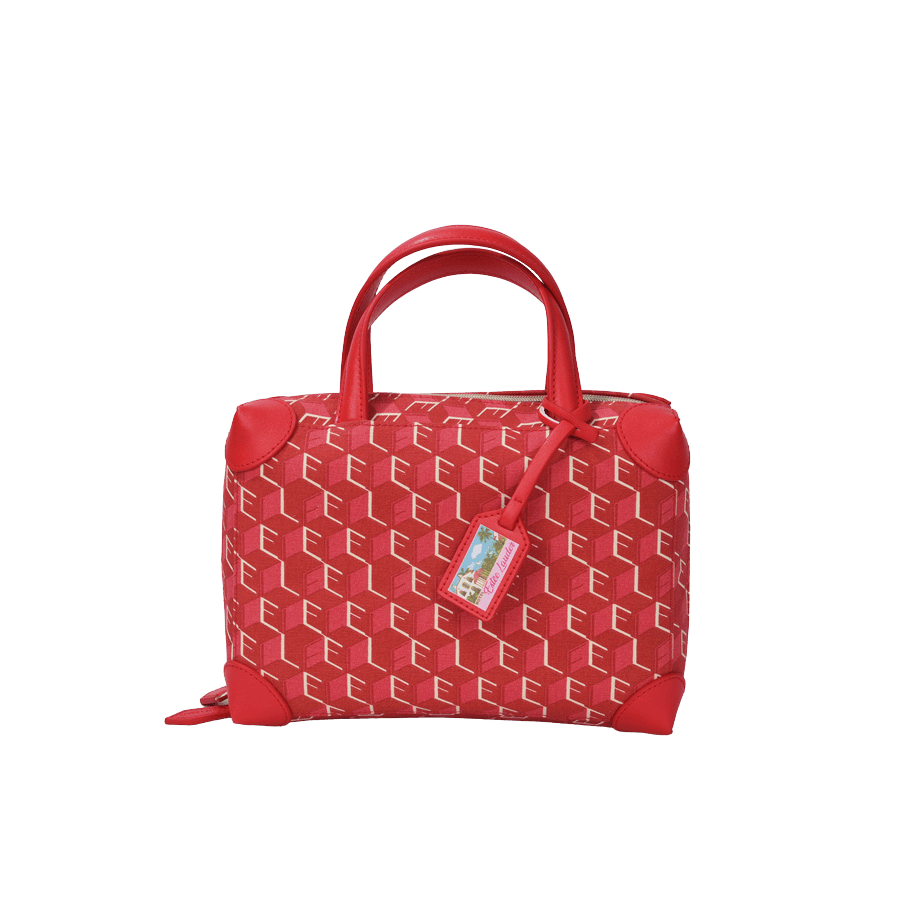 Red ladies cosmetic bag with printings and detachable hangtag