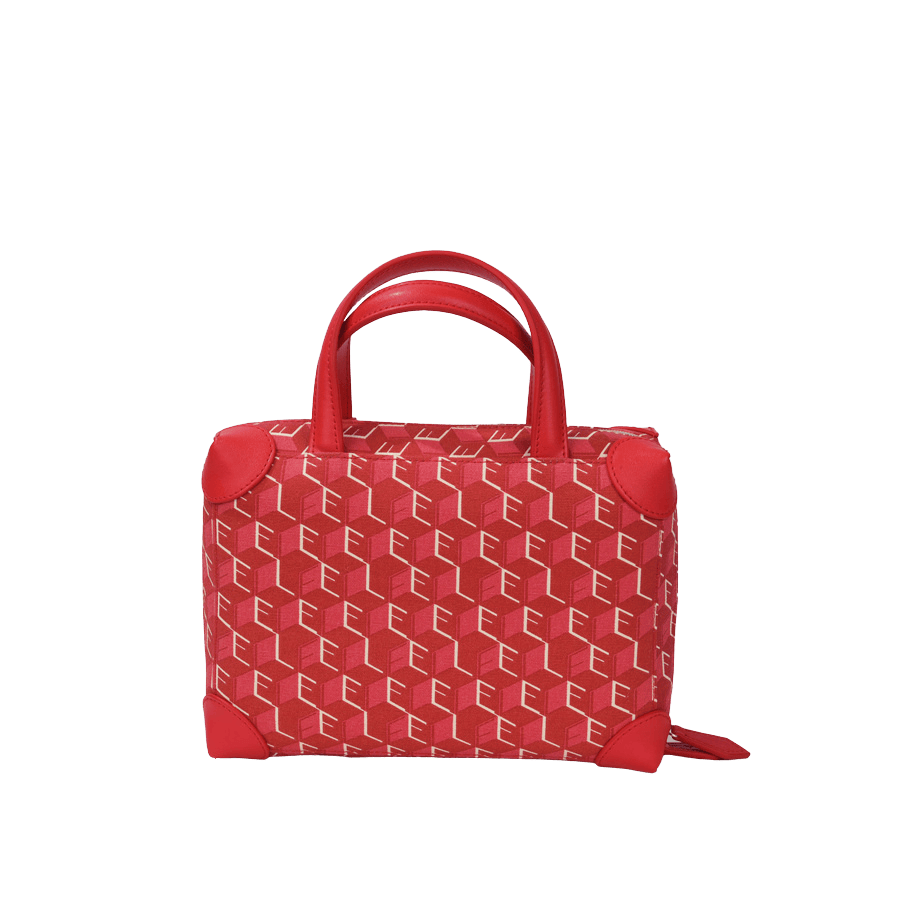 Red ladies cosmetic bag with printings and detachable hangtag