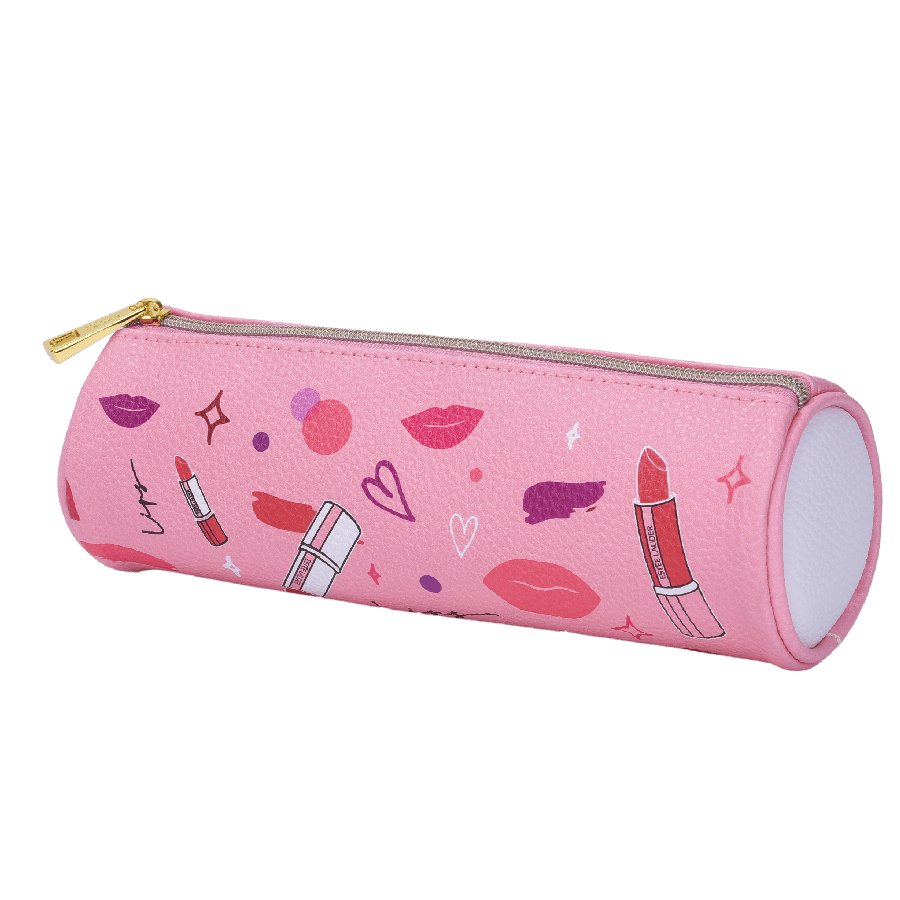 Pink ladies lipstick bag with printing and top zip closure