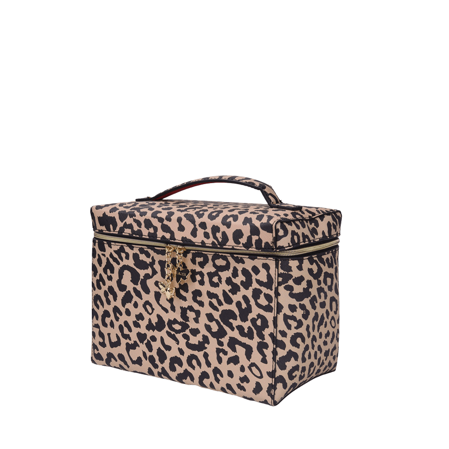 Leopard cosmetic bag with bufferfly zip puller and top zip closure