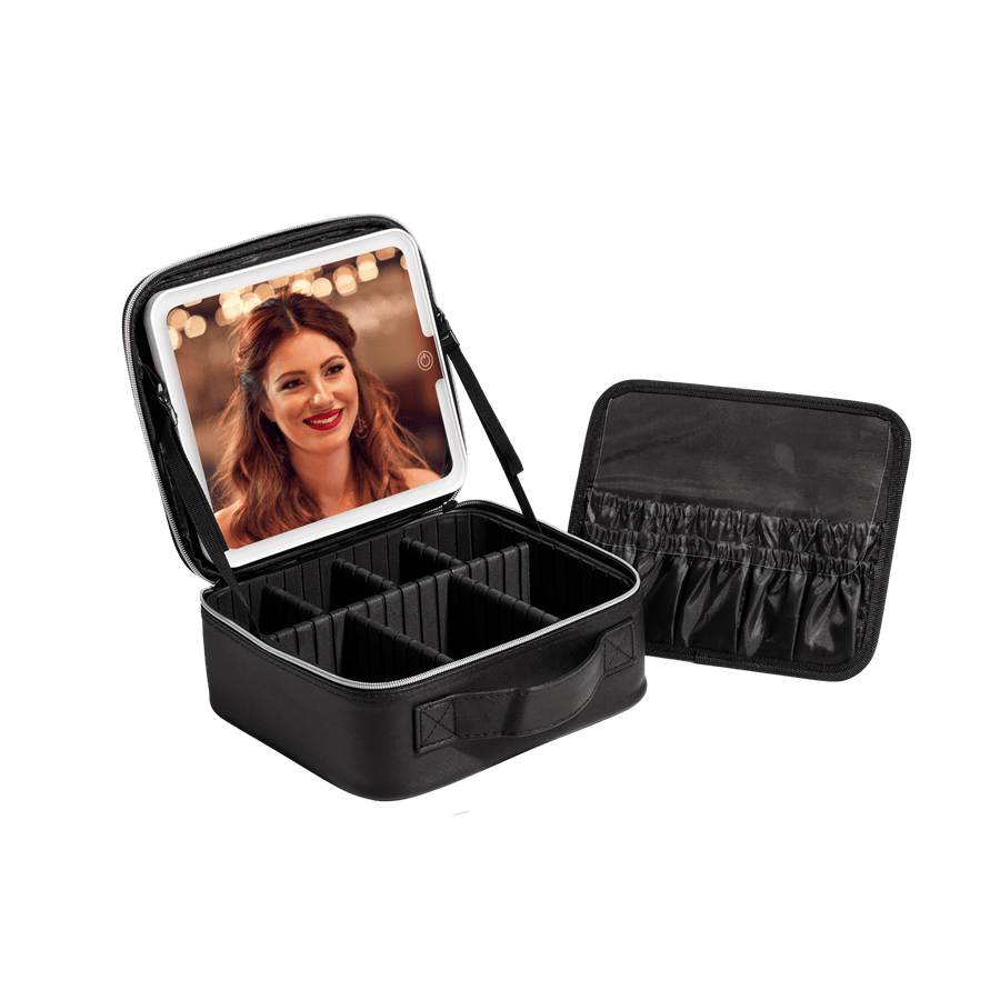 Black ladies cosmetic bag with compartment insdie the bag and inside pockets
