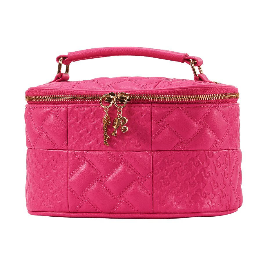 Pink splicing PU cosmetic bag with emboss and quilting on the body